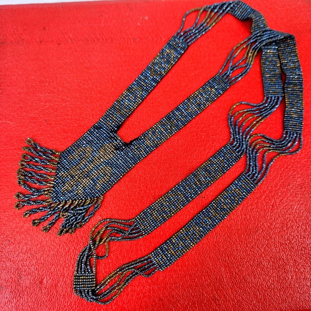 Vintage 20s Blue Gold Fleur De Lis Seed Bead Medallion Flapper Art Deco Necklace